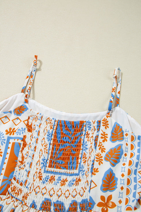 Orange Multi Printed Ricrac Trim Spaghetti Straps Maxi Dress